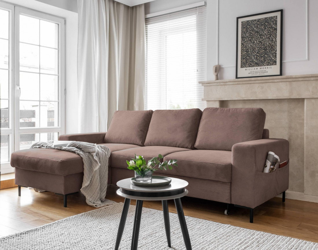 Canapé d'angle gauche 4 places convertible avec coffre en velours côtelé Lilly