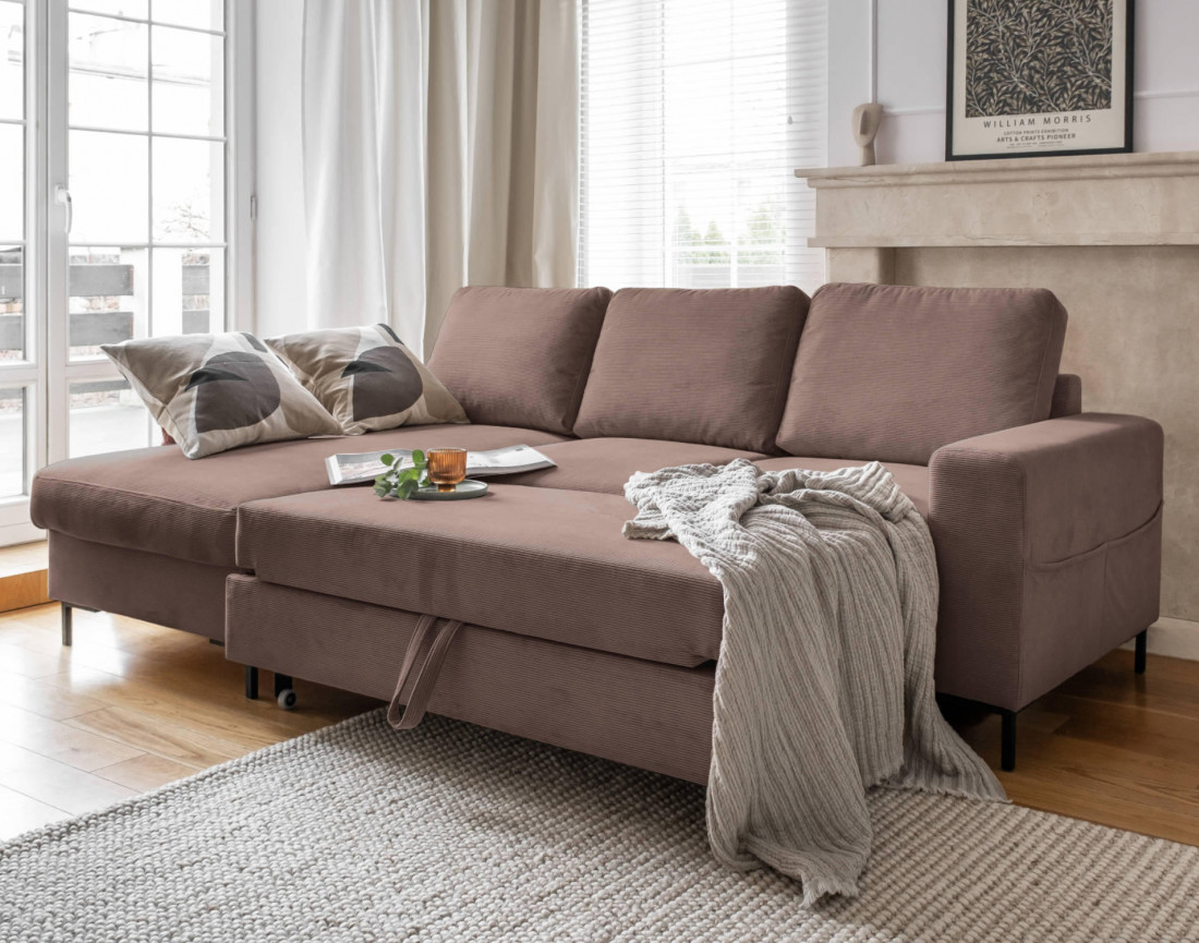 Canapé d'angle gauche 4 places convertible avec coffre en velours côtelé Lilly