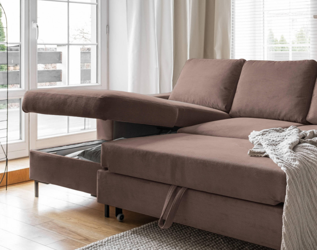 Canapé d'angle gauche 4 places convertible avec coffre en velours côtelé Lilly