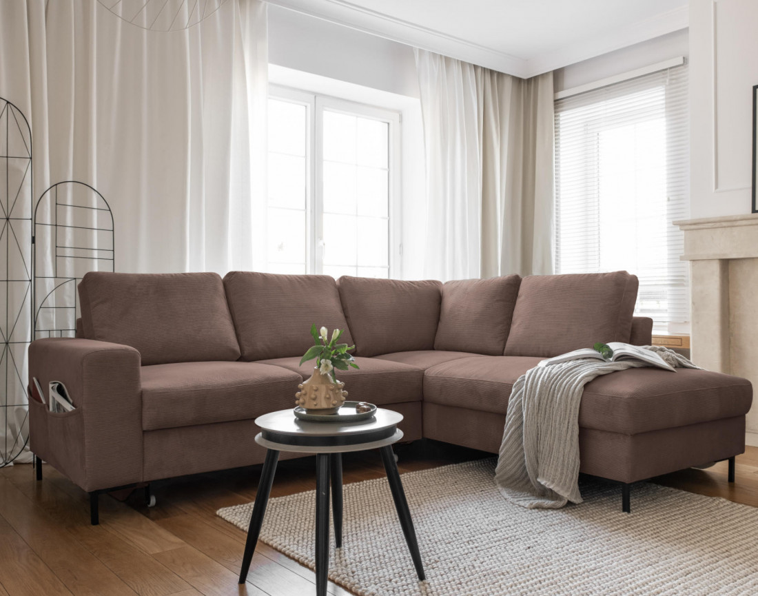 Canapé d'angle droit 5 places convertible en velours côtelé Lilly