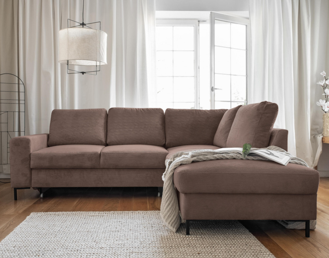 Canapé d'angle droit 5 places convertible en velours côtelé Lilly