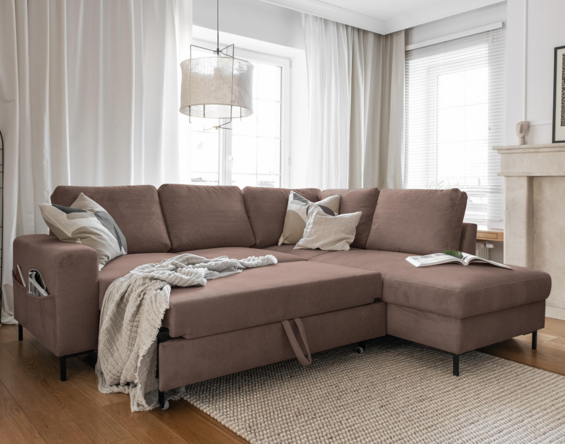 Canapé d'angle droit 5 places convertible en velours côtelé Lilly