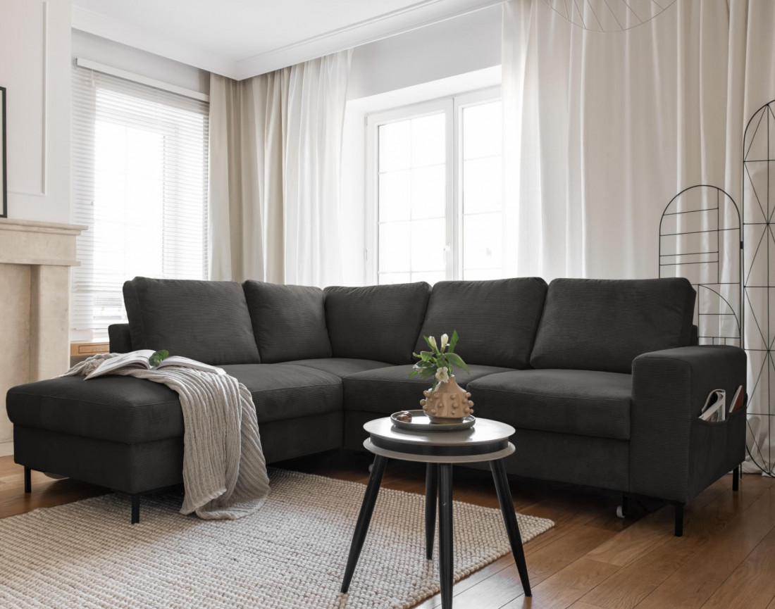 Canapé d'angle gauche 5 places convertible en velours côtelé Lilly