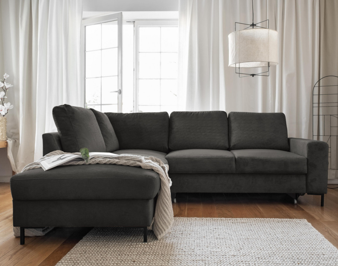 Canapé d'angle gauche 5 places convertible en velours côtelé Lilly