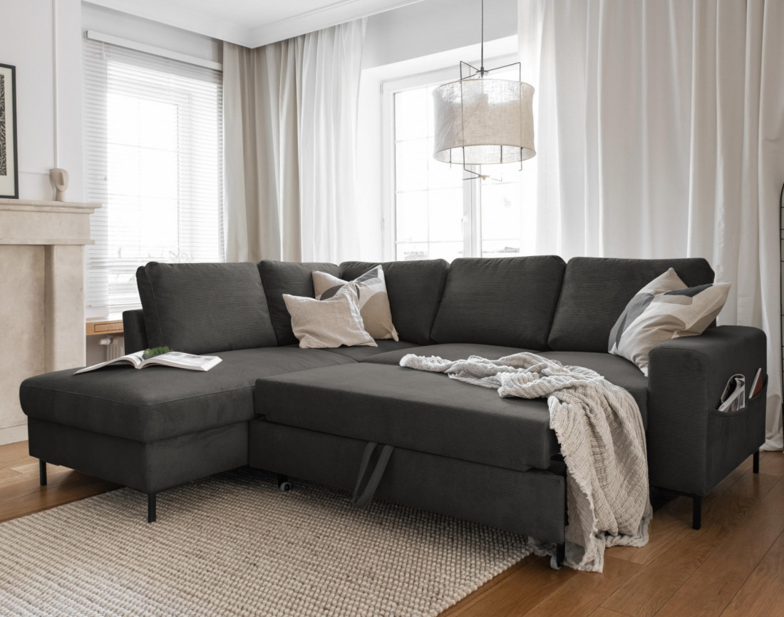 Canapé d'angle gauche 5 places convertible en velours côtelé Lilly