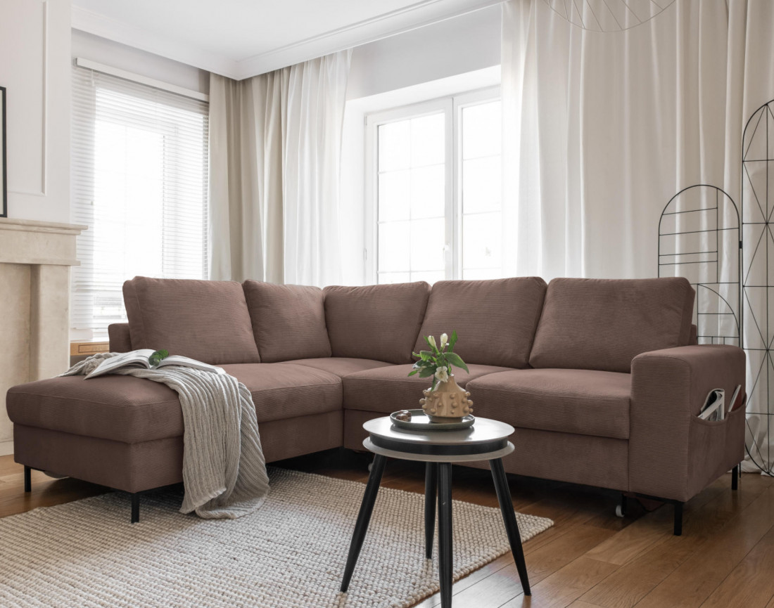 Canapé d'angle gauche 5 places convertible en velours côtelé Lilly