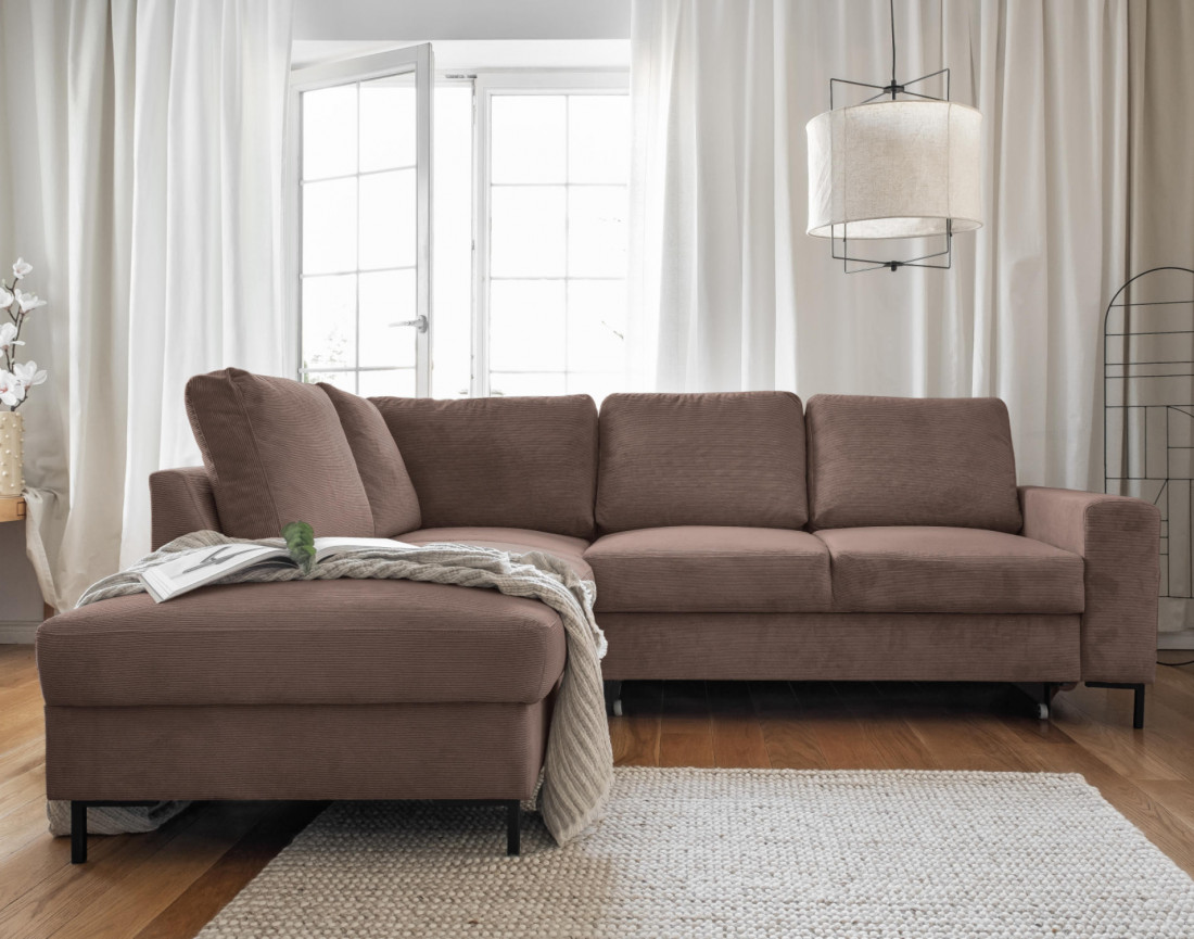 Canapé d'angle gauche 5 places convertible en velours côtelé Lilly