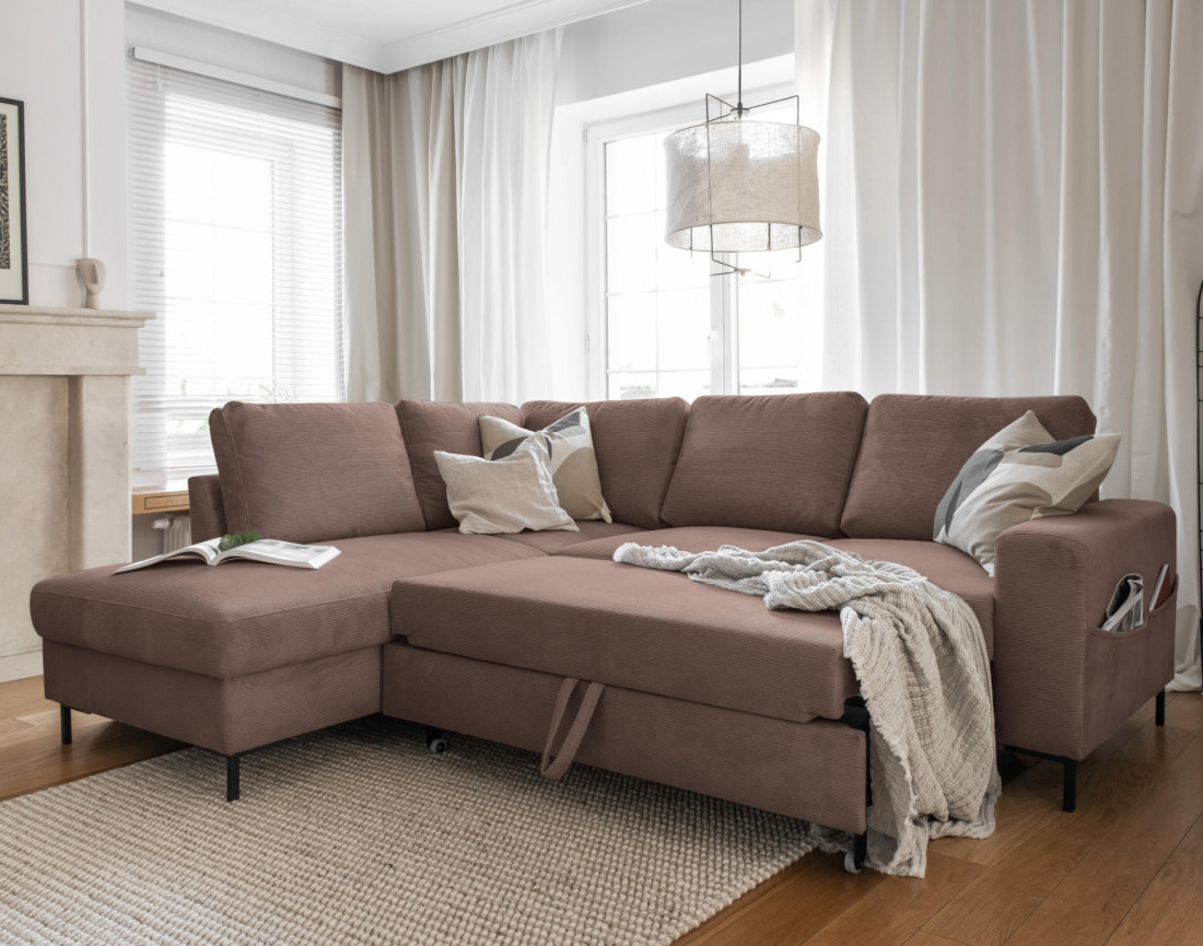 Canapé d'angle gauche 5 places convertible en velours côtelé Lilly