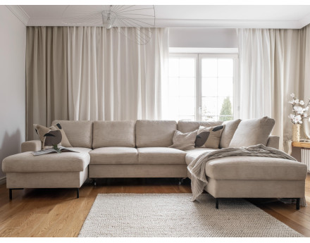 Canapé panoramique d'angle droit 7 places convertible avec coffre en velours côtelé Lilly