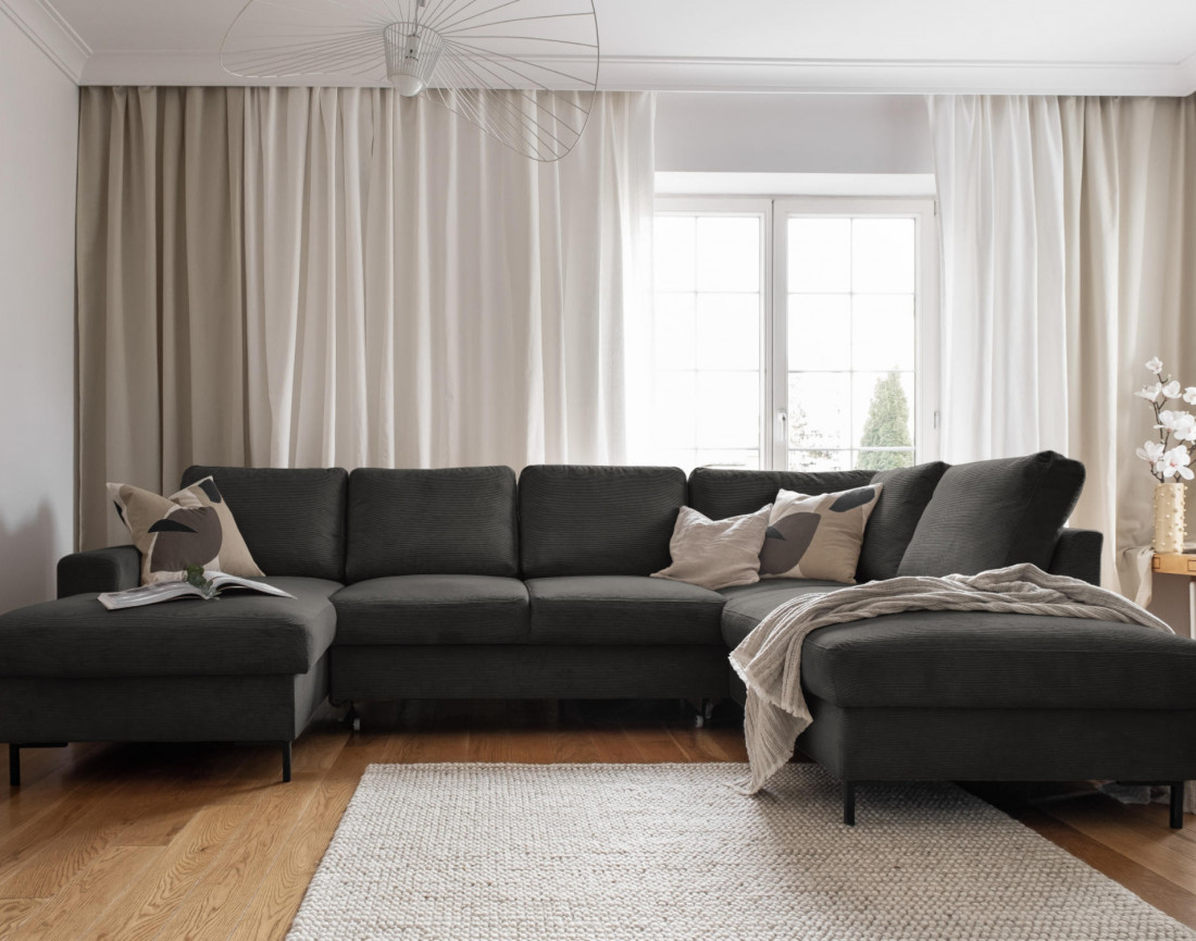 Canapé panoramique d'angle droit 7 places convertible avec coffre en velours côtelé Lilly