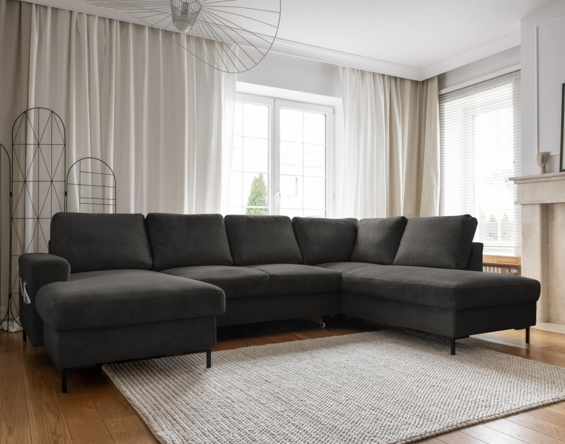 Canapé panoramique d'angle droit 7 places convertible avec coffre en velours côtelé Lilly