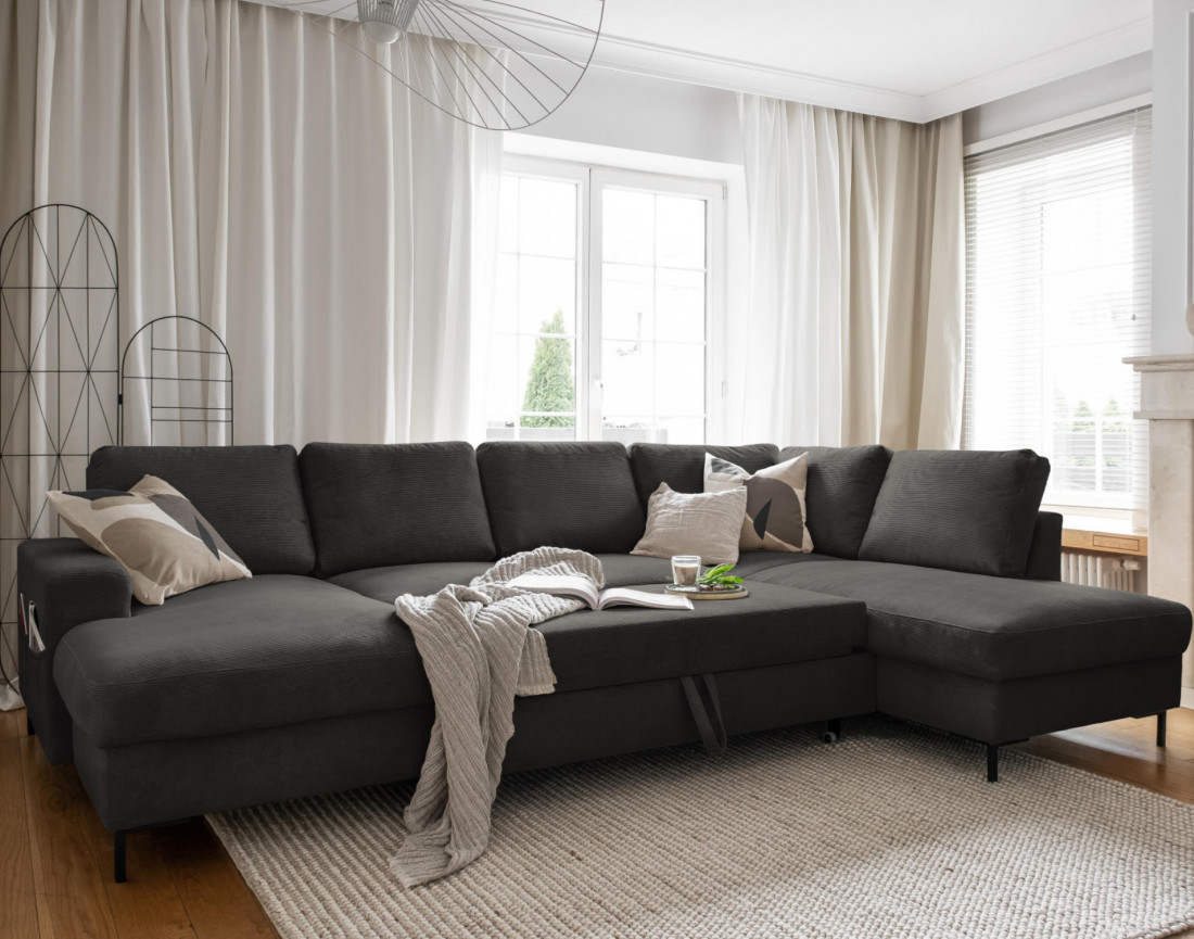 Canapé panoramique d'angle droit 7 places convertible avec coffre en velours côtelé Lilly