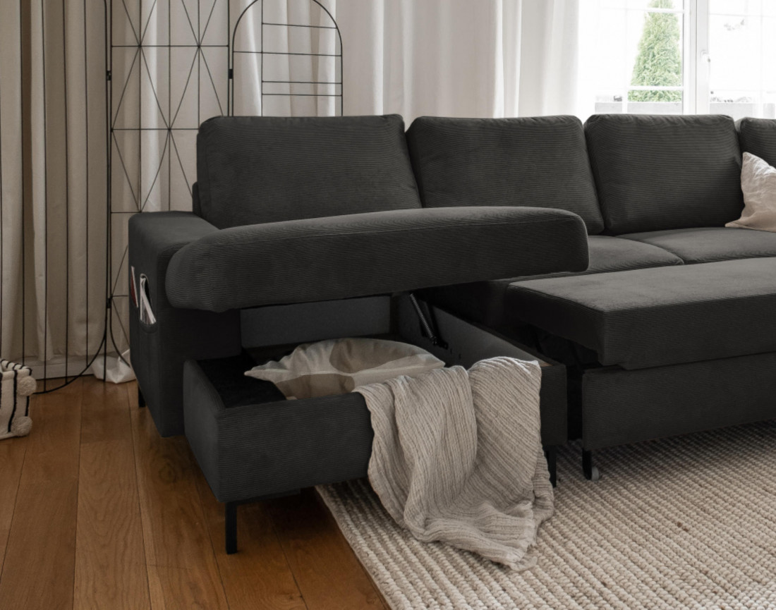 Canapé panoramique d'angle droit 7 places convertible avec coffre en velours côtelé Lilly