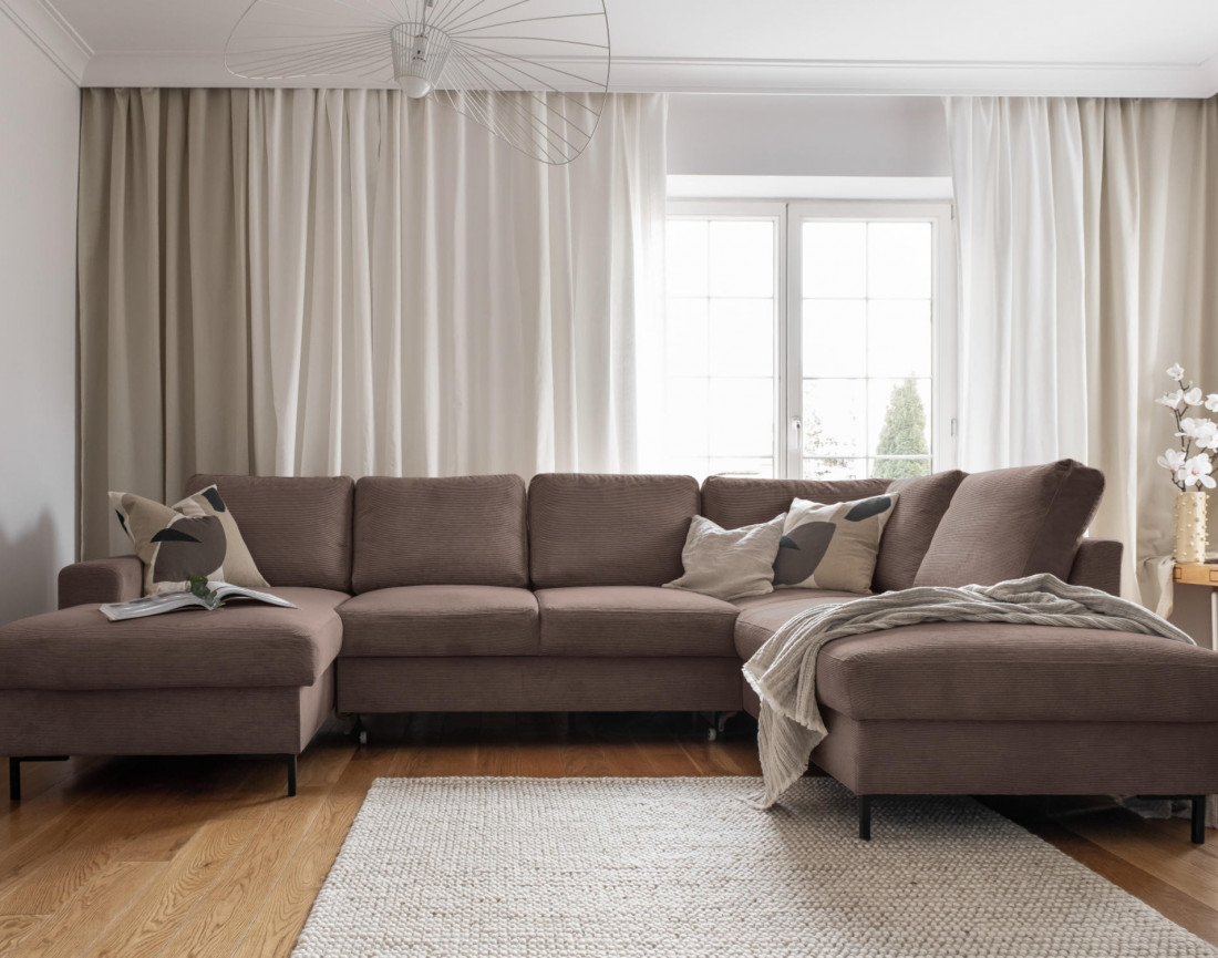 Canapé panoramique d'angle droit 7 places convertible avec coffre en velours côtelé Lilly