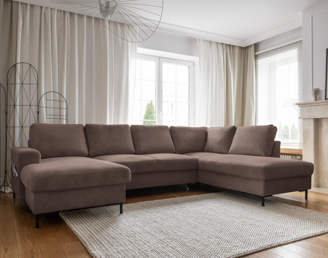 Canapé panoramique d'angle droit 7 places convertible avec coffre en velours côtelé Lilly