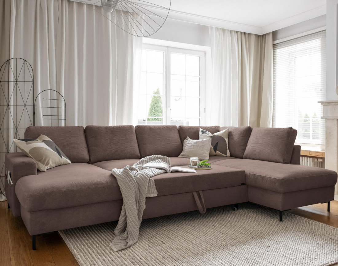 Canapé panoramique d'angle droit 7 places convertible avec coffre en velours côtelé Lilly