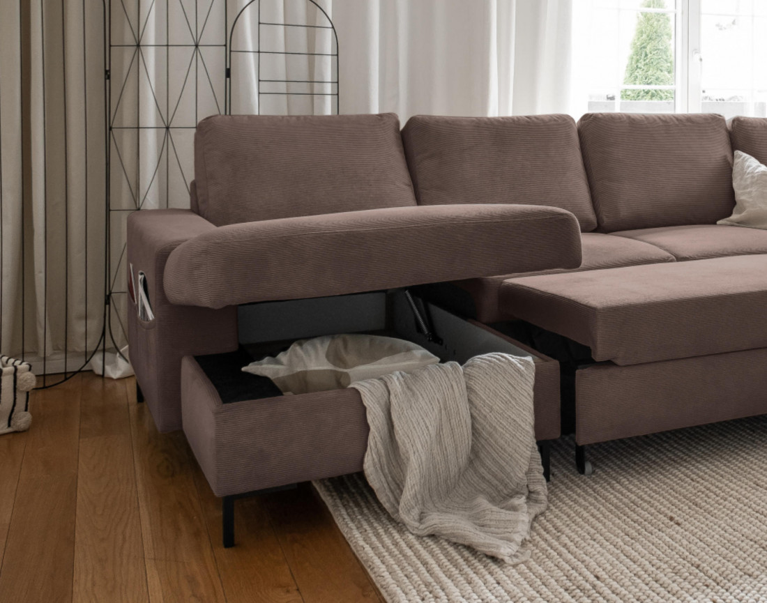 Canapé panoramique d'angle droit 7 places convertible avec coffre en velours côtelé Lilly