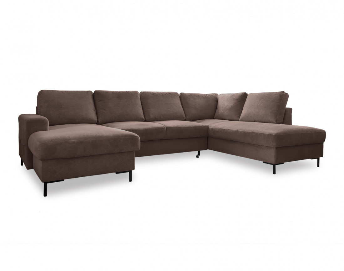 Canapé panoramique d'angle droit 7 places convertible avec coffre en velours côtelé Lilly