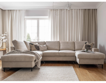 Canapé panoramique d'angle gauche 7 places convertible avec coffre en velours côtelé Lilly