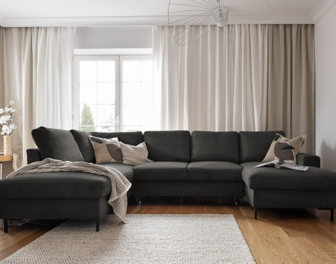 Canapé panoramique d'angle gauche 7 places convertible avec coffre en velours côtelé Lilly