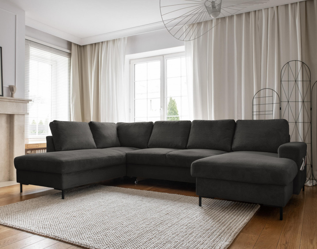 Canapé panoramique d'angle gauche 7 places convertible avec coffre en velours côtelé Lilly