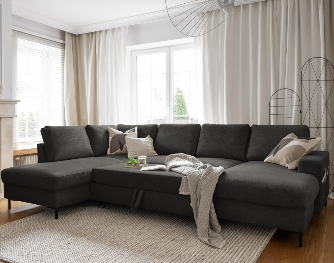 Canapé panoramique d'angle gauche 7 places convertible avec coffre en velours côtelé Lilly