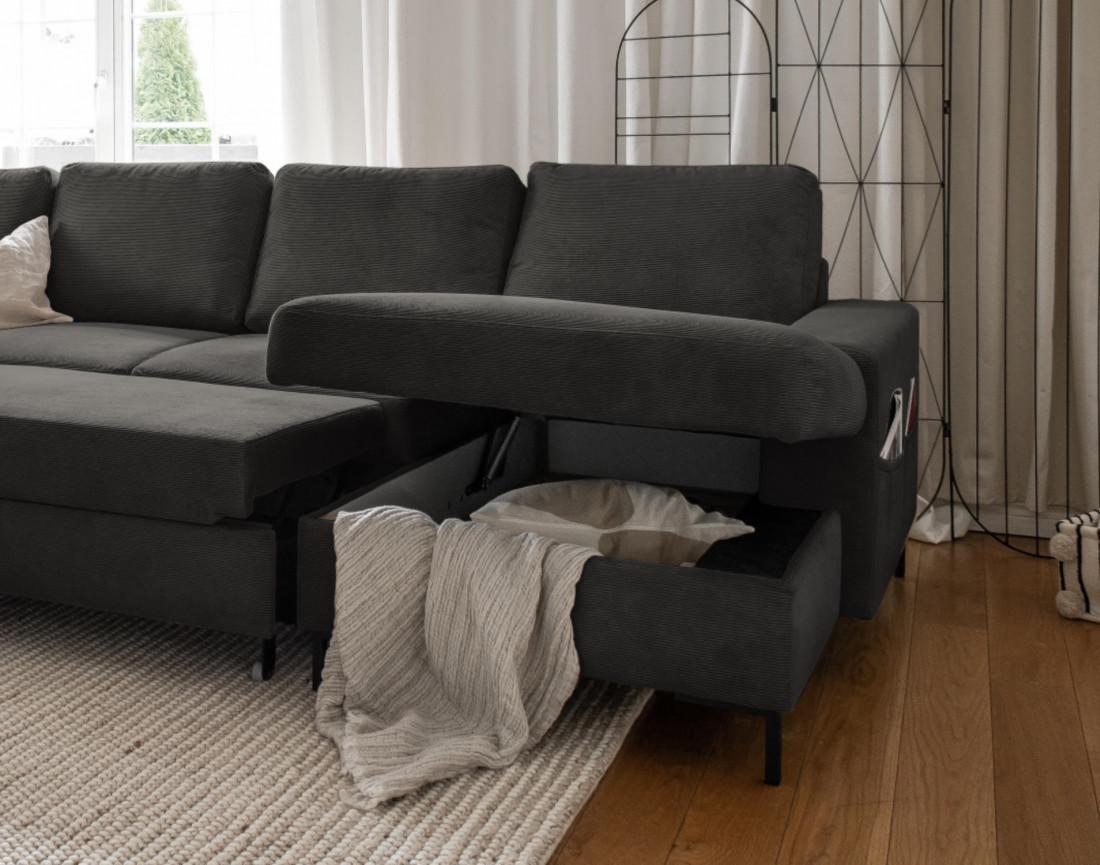 Canapé panoramique d'angle gauche 7 places convertible avec coffre en velours côtelé Lilly