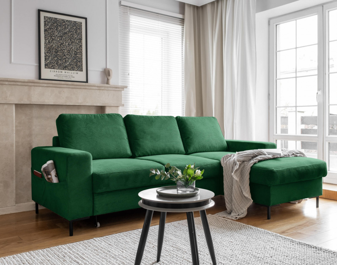 Canapé d'angle droit 4 places convertible avec coffre en velours côtelé Lilly