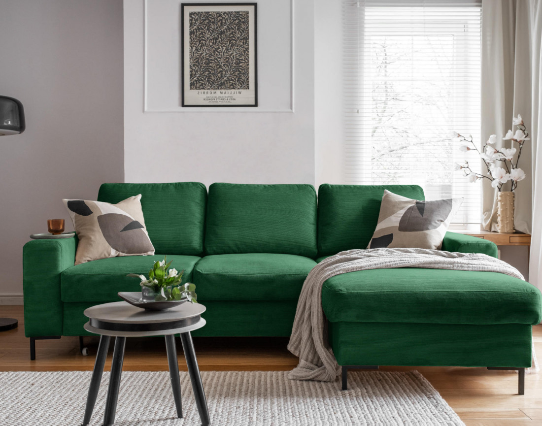 Canapé d'angle droit 4 places convertible avec coffre en velours côtelé Lilly