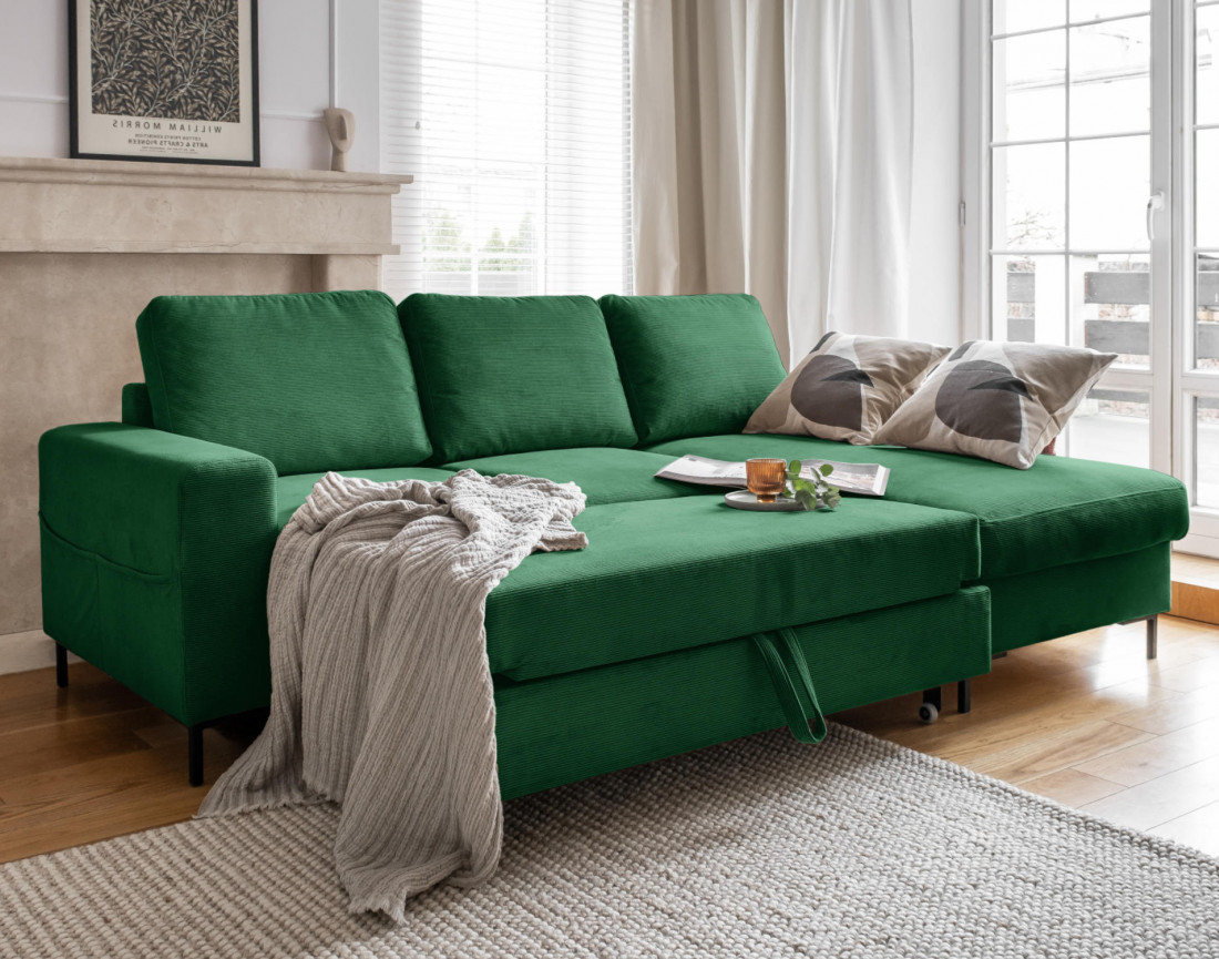 Canapé d'angle droit 4 places convertible avec coffre en velours côtelé Lilly