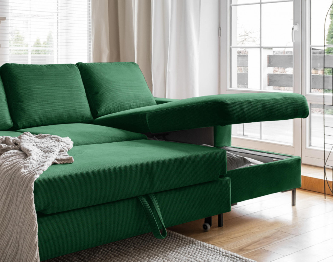 Canapé d'angle droit 4 places convertible avec coffre en velours côtelé Lilly