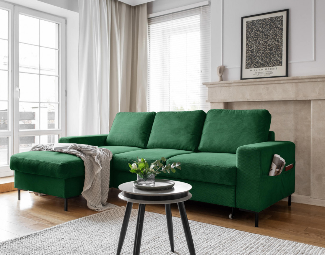 Canapé d'angle gauche 4 places convertible avec coffre en velours côtelé Lilly