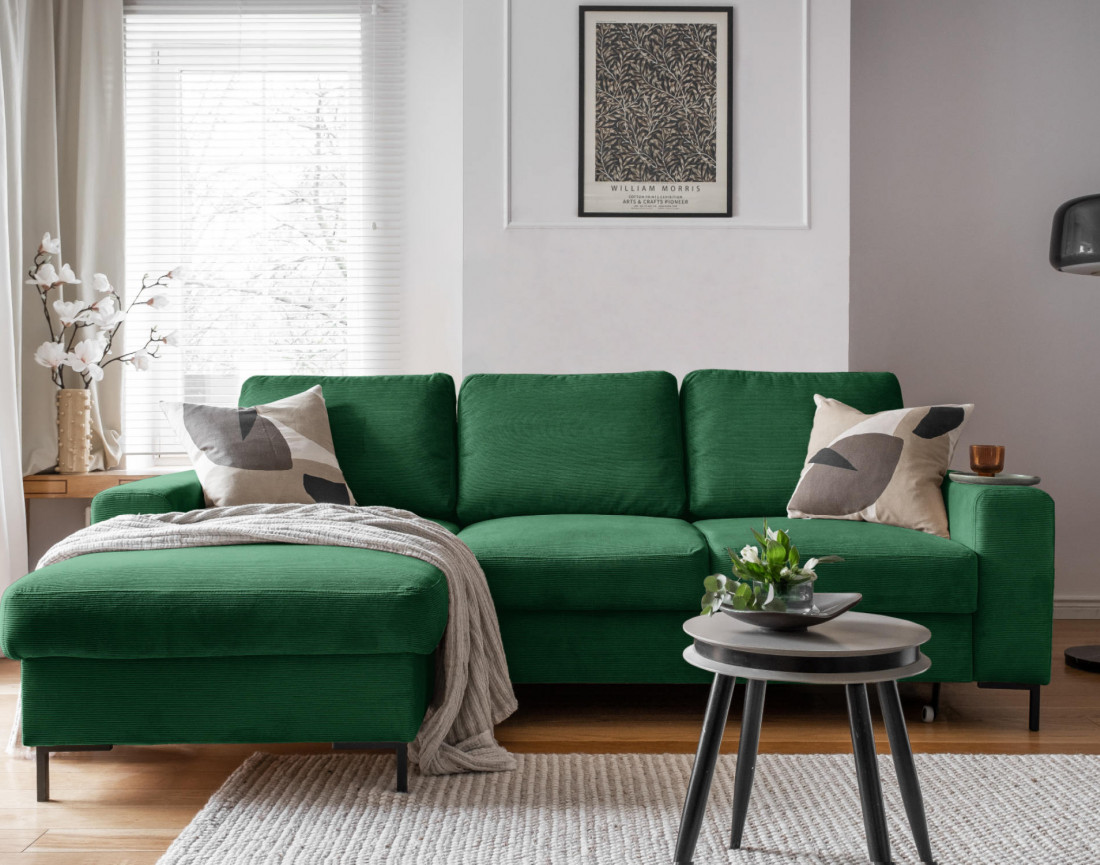 Canapé d'angle gauche 4 places convertible avec coffre en velours côtelé Lilly