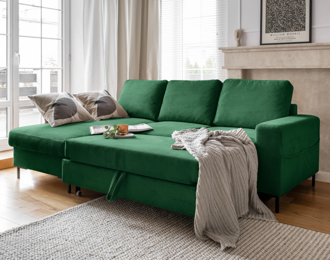 Canapé d'angle gauche 4 places convertible avec coffre en velours côtelé Lilly