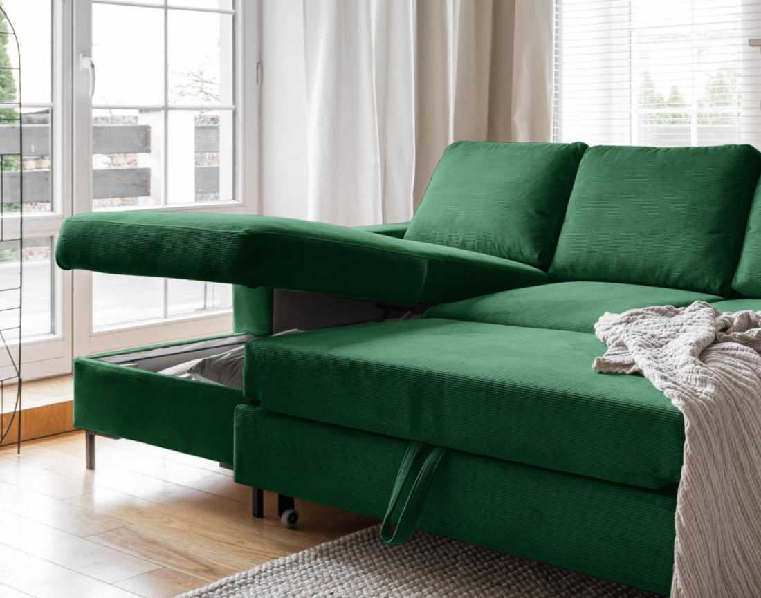 Canapé d'angle gauche 4 places convertible avec coffre en velours côtelé Lilly