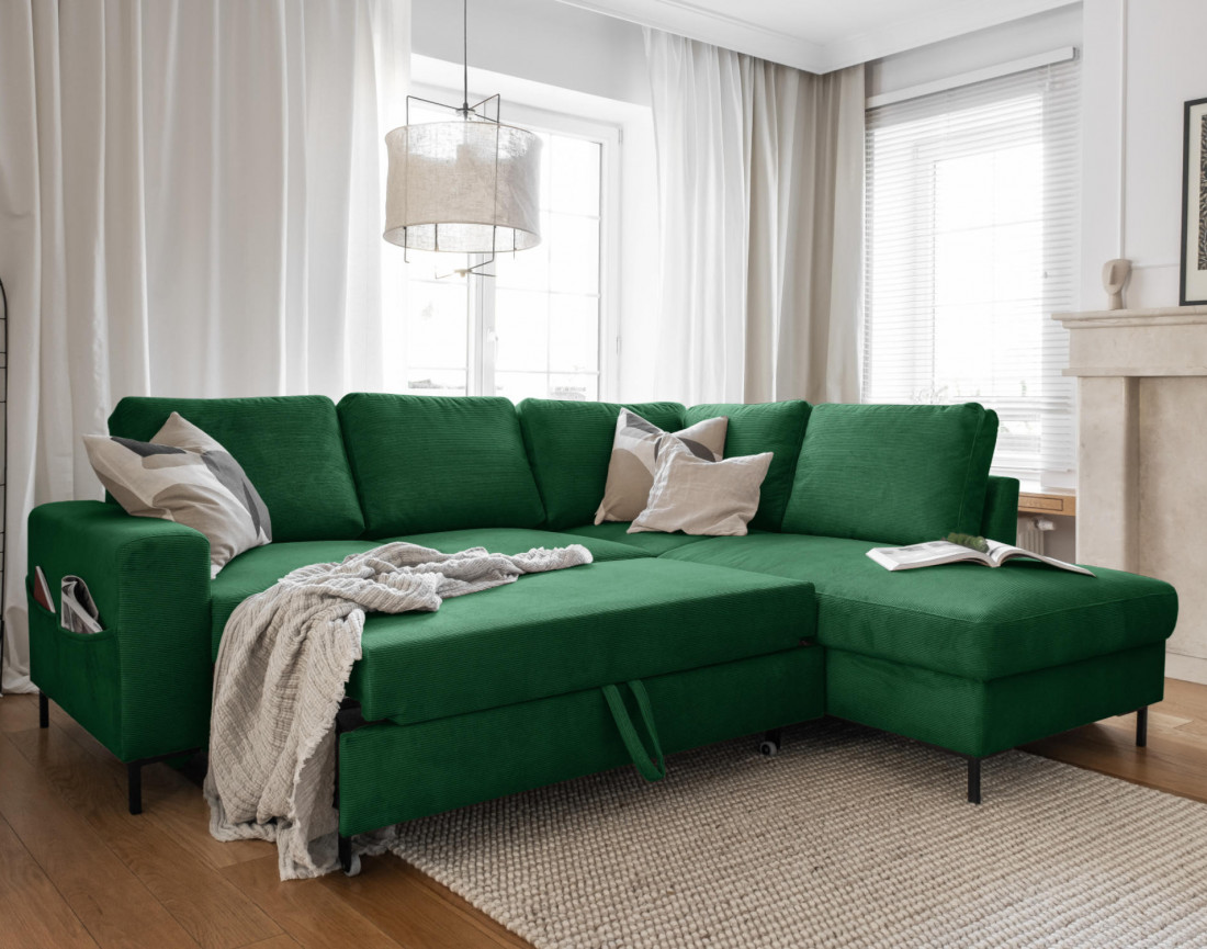 Canapé d'angle droit 5 places convertible en velours côtelé Lilly