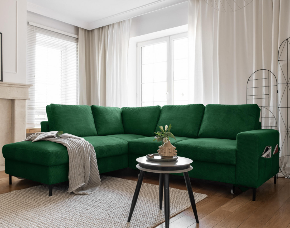 Canapé d'angle gauche 5 places convertible en velours côtelé Lilly