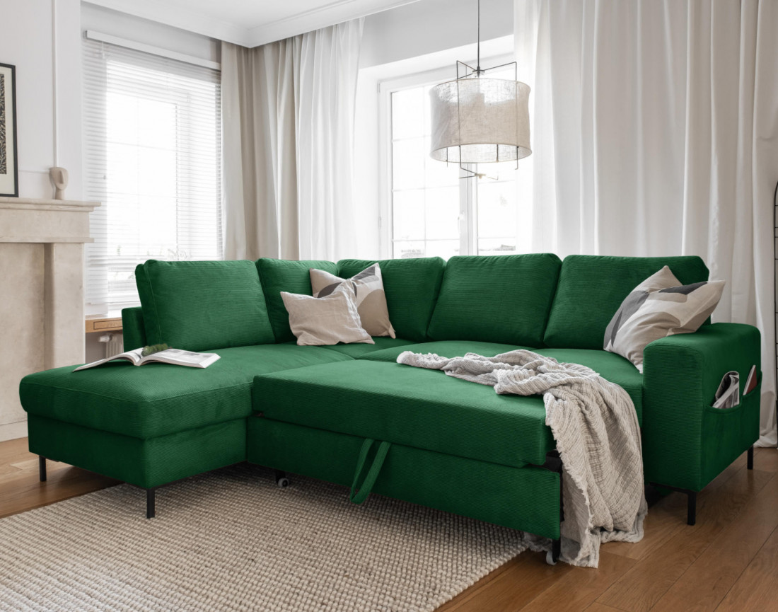 Canapé d'angle gauche 5 places convertible en velours côtelé Lilly