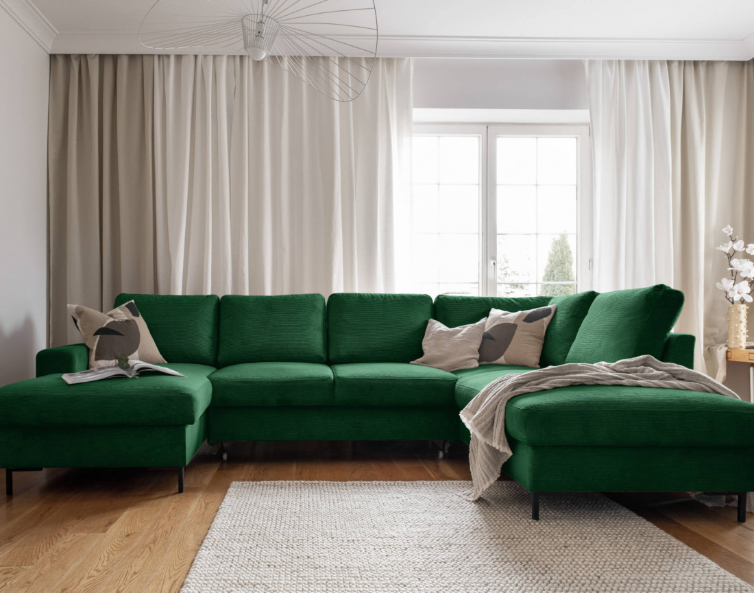 Canapé panoramique d'angle droit 7 places convertible avec coffre en velours côtelé Lilly