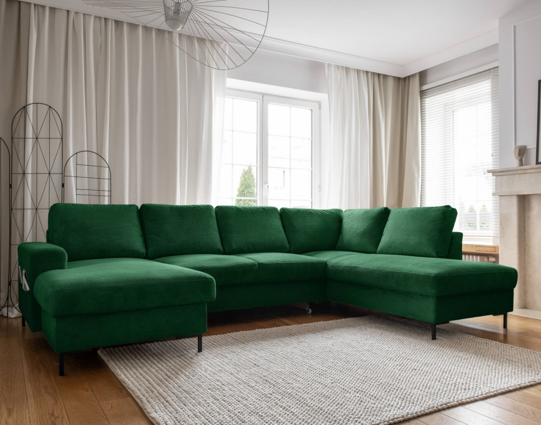 Canapé panoramique d'angle droit 7 places convertible avec coffre en velours côtelé Lilly