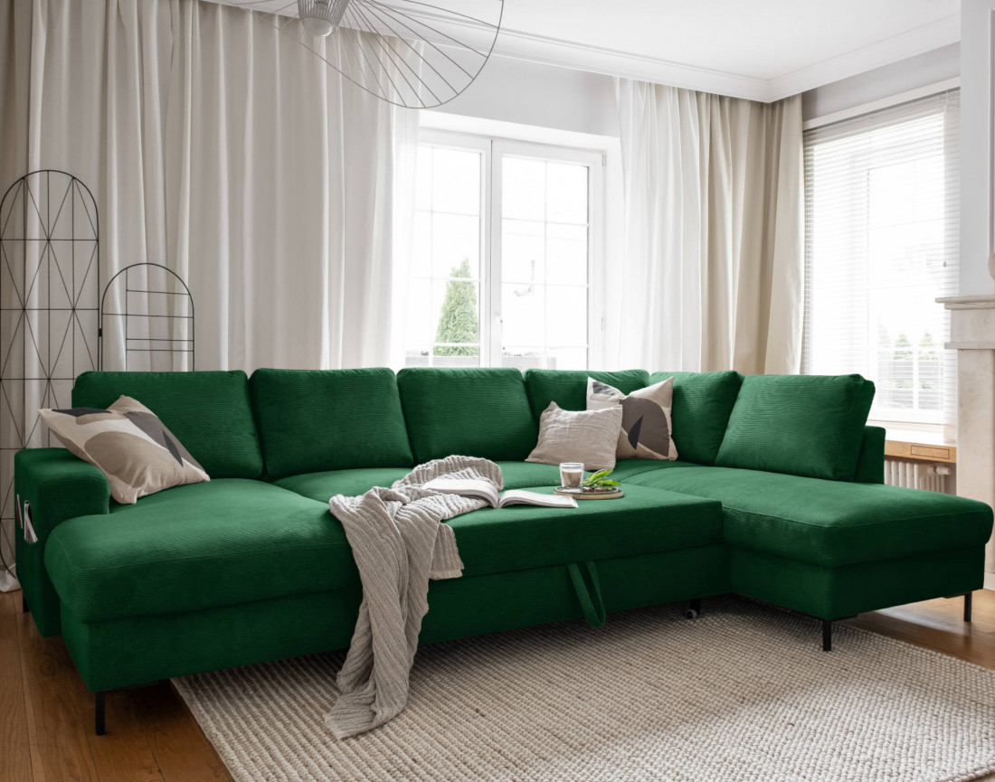 Canapé panoramique d'angle droit 7 places convertible avec coffre en velours côtelé Lilly