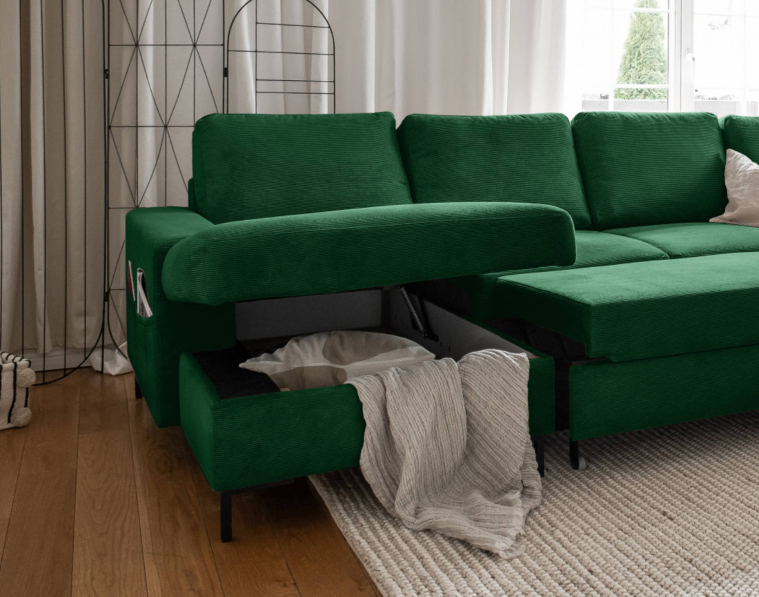 Canapé panoramique d'angle droit 7 places convertible avec coffre en velours côtelé Lilly