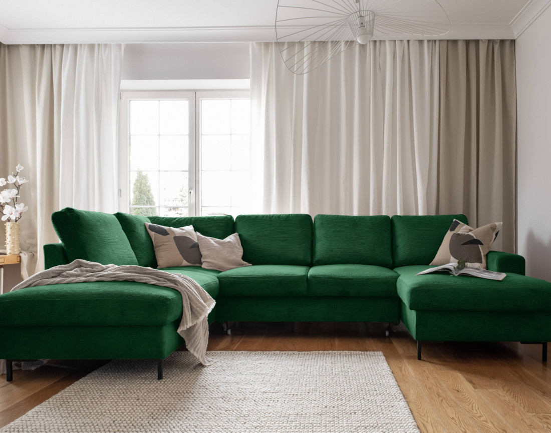 Canapé panoramique d'angle gauche 7 places convertible avec coffre en velours côtelé Lilly