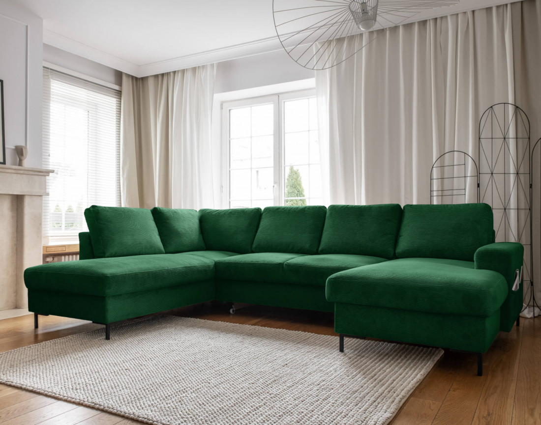 Canapé panoramique d'angle gauche 7 places convertible avec coffre en velours côtelé Lilly