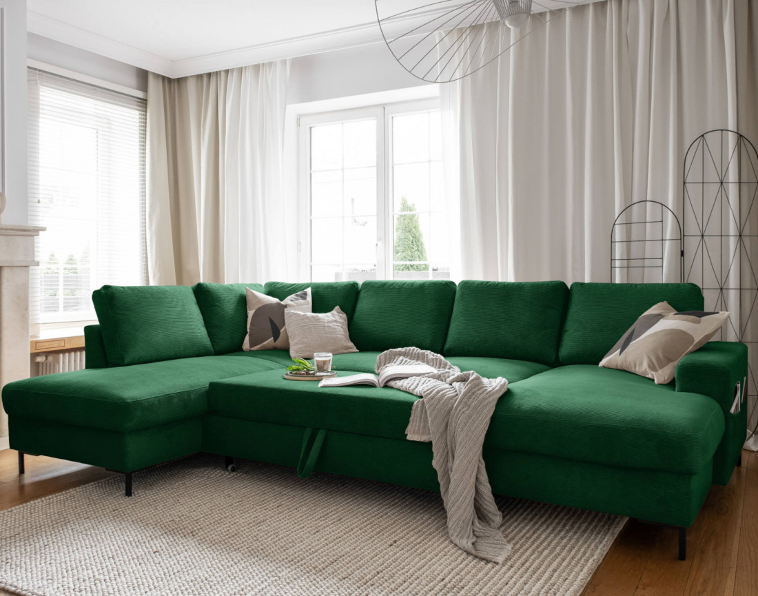 Canapé panoramique d'angle gauche 7 places convertible avec coffre en velours côtelé Lilly