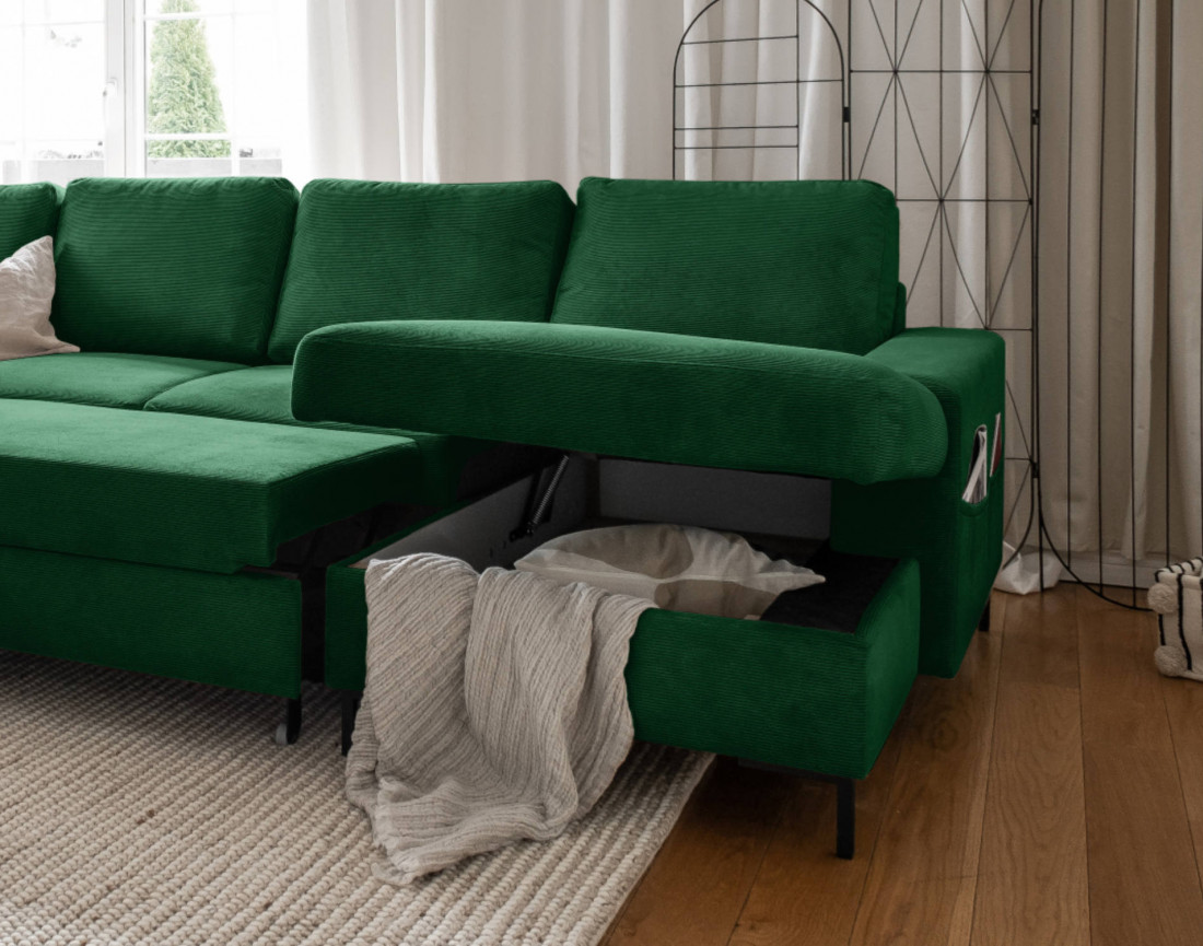 Canapé panoramique d'angle gauche 7 places convertible avec coffre en velours côtelé Lilly