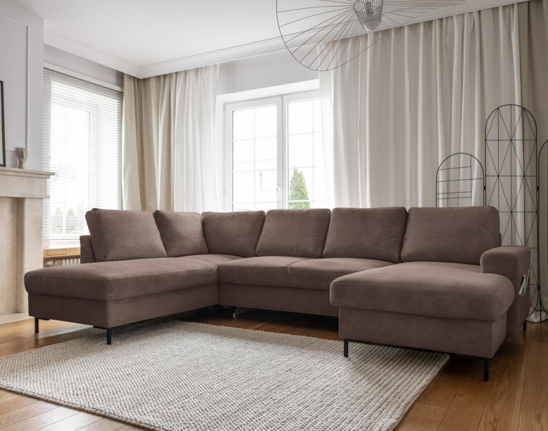 Canapé panoramique d'angle gauche 7 places convertible avec coffre en velours côtelé Lilly