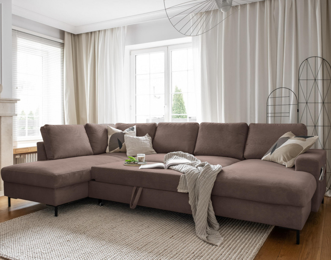 Canapé panoramique d'angle gauche 7 places convertible avec coffre en velours côtelé Lilly