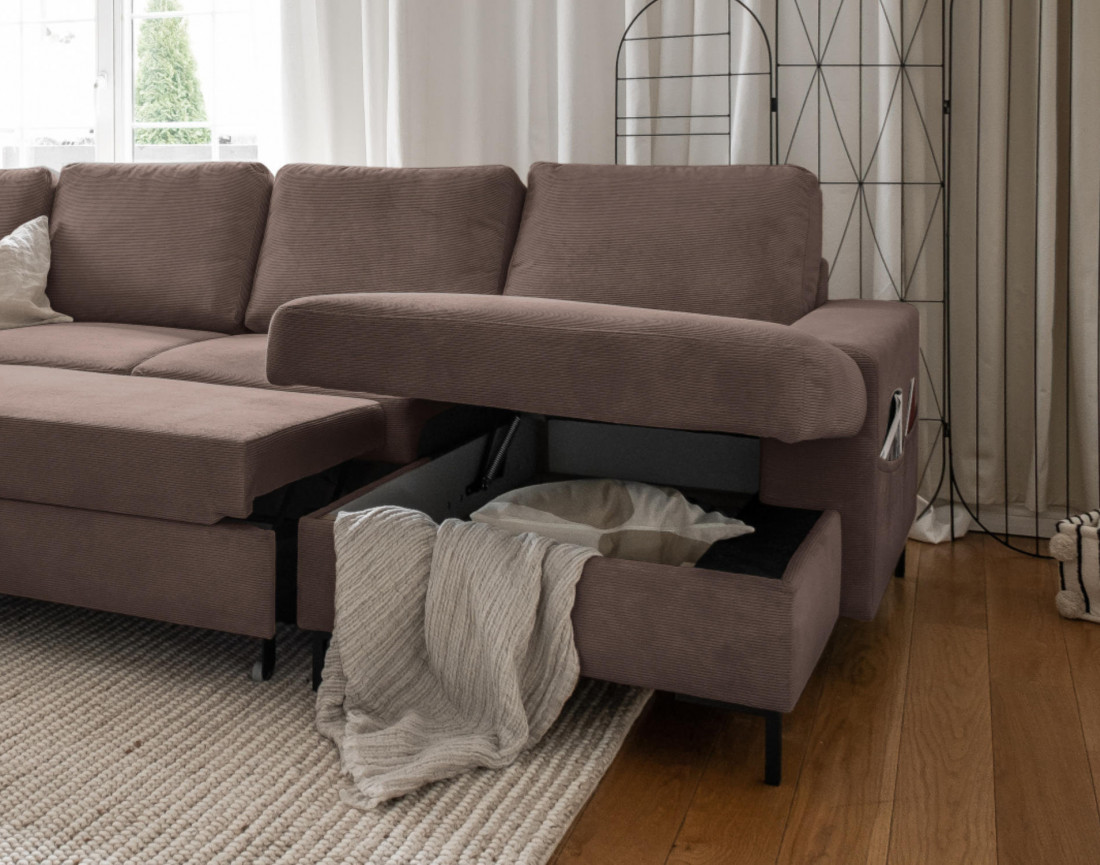 Canapé panoramique d'angle gauche 7 places convertible avec coffre en velours côtelé Lilly