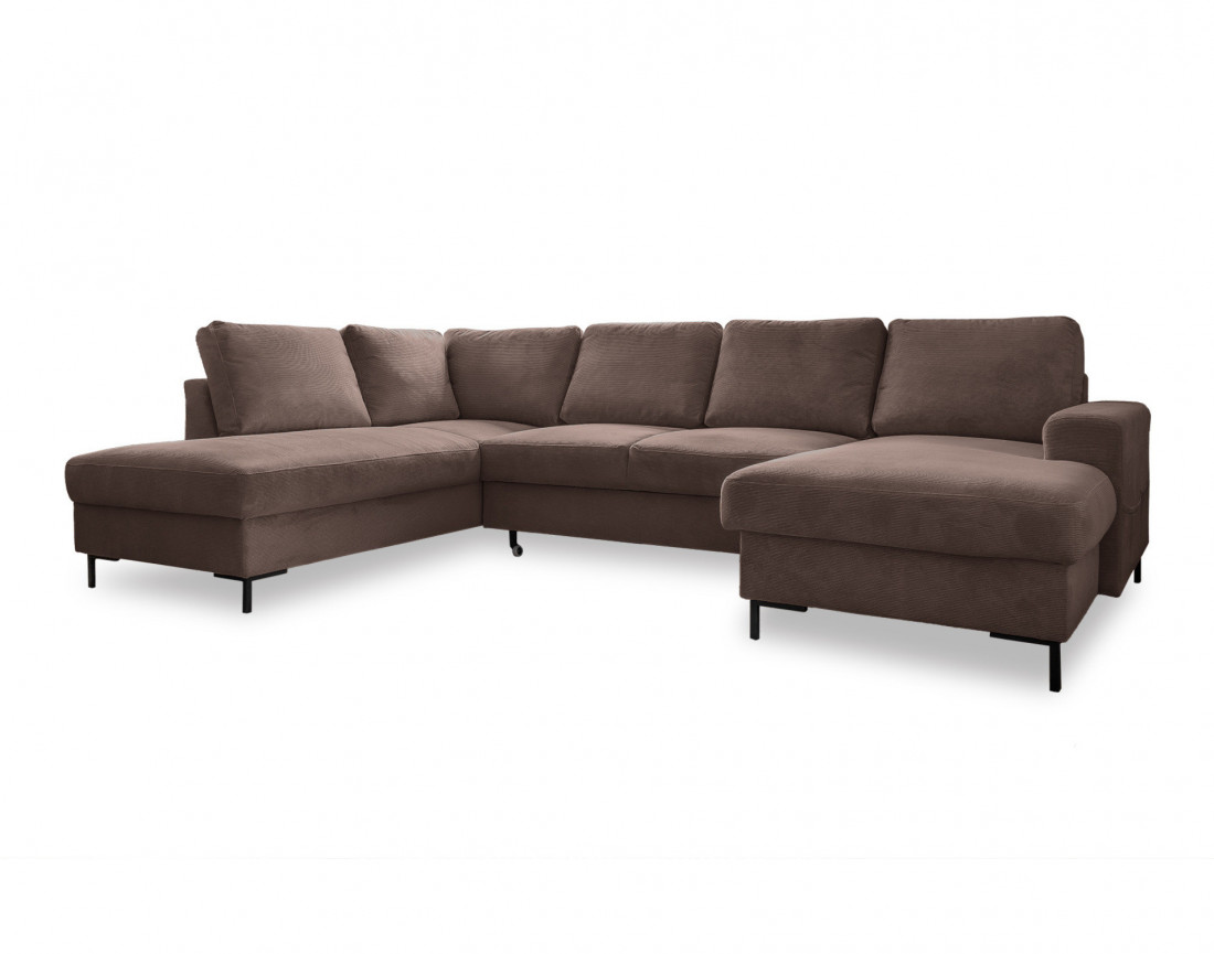 Canapé panoramique d'angle gauche 7 places convertible avec coffre en velours côtelé Lilly